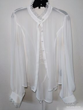 Sheer White Lace-Trim Blouse - Women Tops